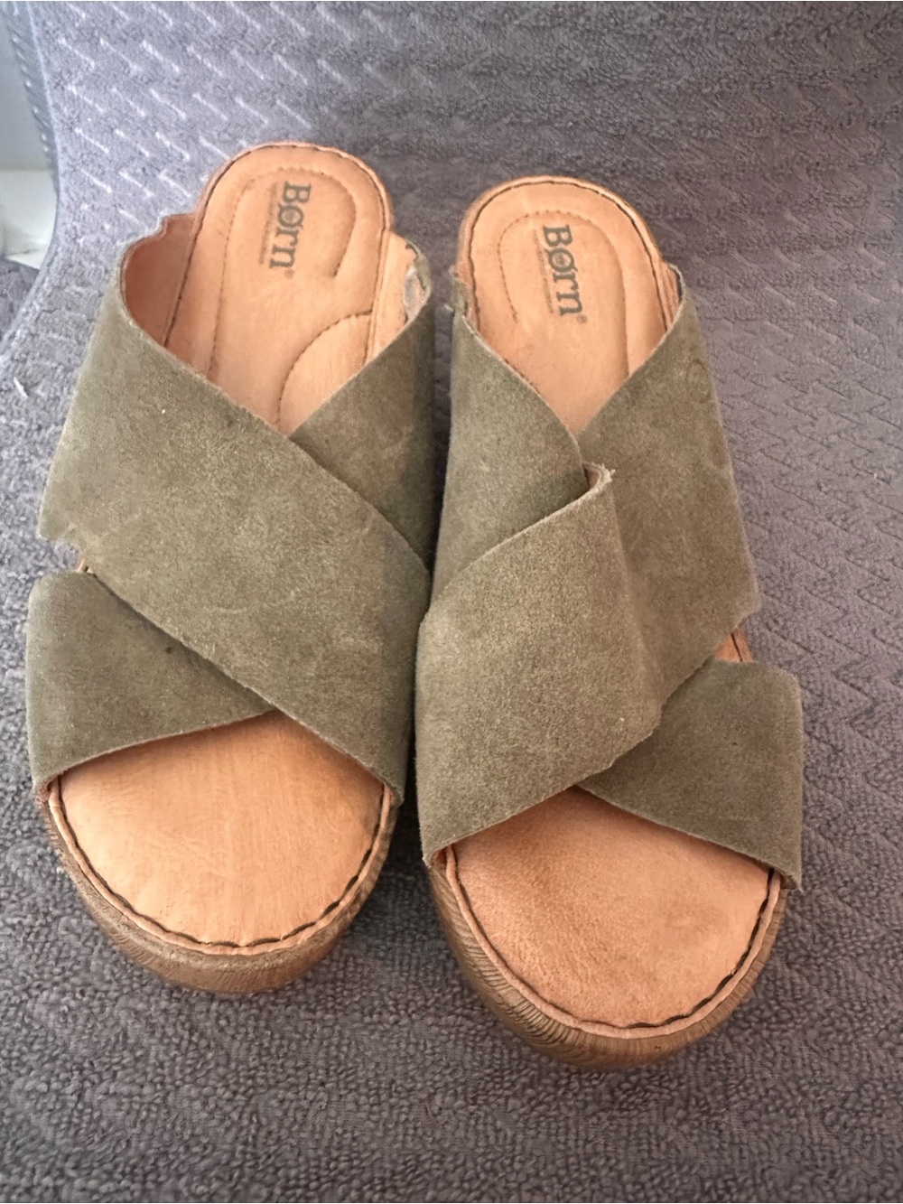 Born Olive Suede Crisscross Slide Mules